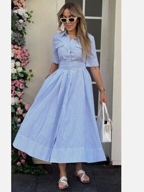 Zara Blue and White Striped Maxi Poplin Shirt dress Waist Tie S M NWT 2640/596